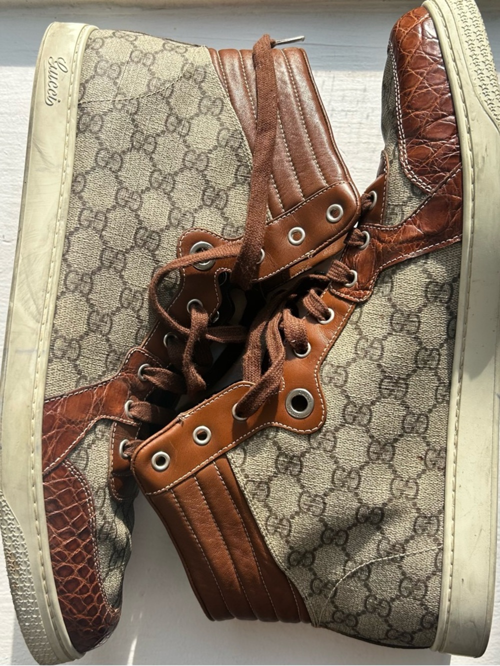 Men’s Gucci Imprime Crocodile Canvas GG High-Top Sneakers - Brown, Size 16 - Picture 7 of 15